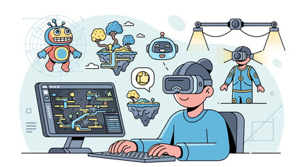 Person playing and creating virtual reality game experience in digital world