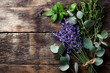 © Daniel - natural healing herbs, banner showcasing aromatherapy and herbalism with fresh lavender and eucalyptus leaves on a wooden board background