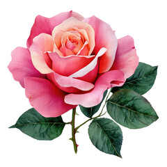 Wall Mural - Beautiful pink rose with lush green leaves on white isolate background.