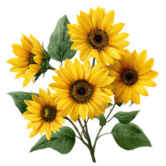 Wall Mural - Five vibrant sunflowers with green leaves on a white isolated background.