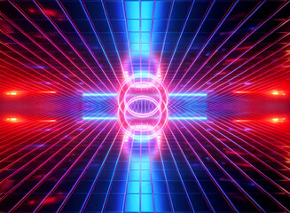 Wall Mural - vibrant perspective view with glowing red and blue neon lines forming a symmetrical grid pattern. il