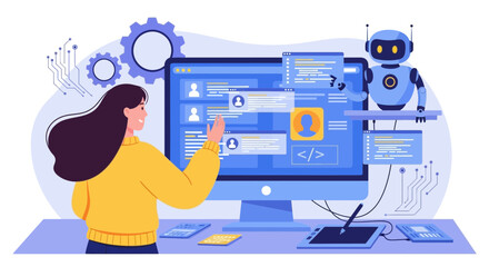Woman Collaborating with an AI Robot on a Modern Software Development Project