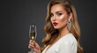 © Khadim - Glamorous beautiful woman with evening makeup and red lipstick holding a glass of champagne