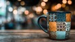 © Julia - In a cozy setting, vibrant patterned tiles provide the backdrop for a colorful ceramic cup filled with coffee, exhibiting intricate designs and warm tones
