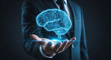 Conceptual image of a businessman holding a glowing digital brain, symbolizing artificial intelligence, innovation, and technological advancement.