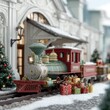 © Sinden - Festive train arriving at snowy station, gifts piled nearby, Christmas decor