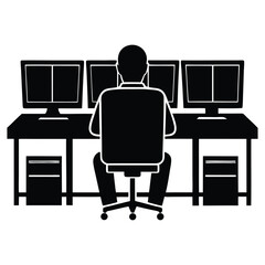 Man at multi monitor workstation silhouette