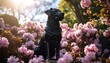 © Than - Elegant dog statue surrounded by vibrant pink flowers in a sun-drenched scene