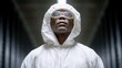 © BOJOShop - Black man wearing white protective suit and goggles looking up Protective clothing