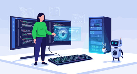 A woman works on computer coding with a robot and server for technological tasks