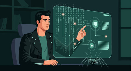 A coder working with a spider on software development interface illustration