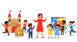 © PixelWallpaper - A group of diverse children and a teacher engaged in playful activities at a preschool or kindergarten.