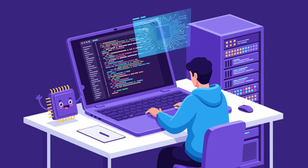 Cartoon Illustration of a Programmer Coding with Chip Character and Server Rack