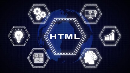 Modern html code development conceptual design with web technology icons displayed