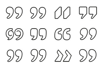Quotation marks icon set. Diverse line art symbols for typography, dialogue, and text. Vector quote collection. Punctuation for speech, citation, communication. Graphic element.