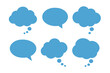 © Susanne - Set of blue speech bubbles and thought clouds vector icon. Communication concept clipart for dialogue, message, or chat. Flat design graphic element isolated on white background.