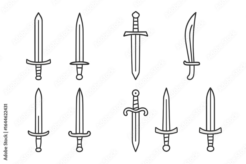 Sword outline set. Medieval weapon icon collection. Vector line art of ...