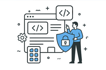 Web development and cybersecurity concept. Man with shield protecting website. App development, data privacy, and programming security vector illustration for software design.