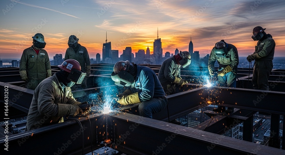 Foto de Stock Construction workers welding steel beams atop a building ...