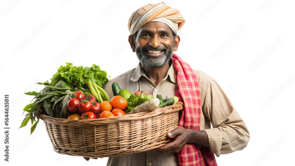 Smiling indian farmer holding a basket of fresh vegetables isolated on ...