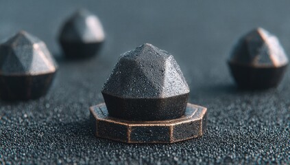 Close-up of dark, geometric,faceted objects on a textured surface