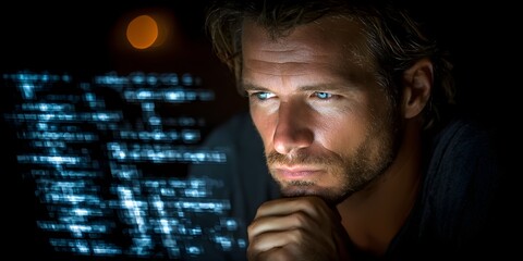 A focused man stares intensely at a screen displaying complex code in a dark room at nighttime hours.