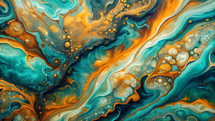 Wall Mural - Abstract fluid art with teal orange and gold marble texture for modern painting patterns and creative liquid swirl backgrounds