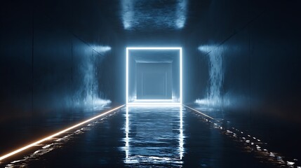 Wall Mural - futuristic tunnel with neon square and water reflections, creating a modern and abstract background 