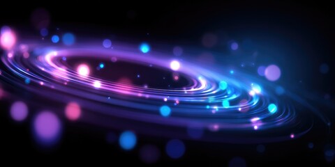 Abstract swirling rings of vibrant purple and blue light with bokeh