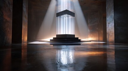 Wall Mural - abstract dark space architecture with light beam, a modern building structure design with stone wall