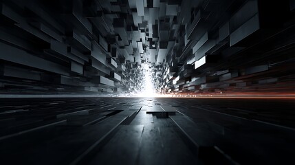 Wall Mural - abstract futuristic architecture with geometric blocks and bright light in a dark tunnel, creating a