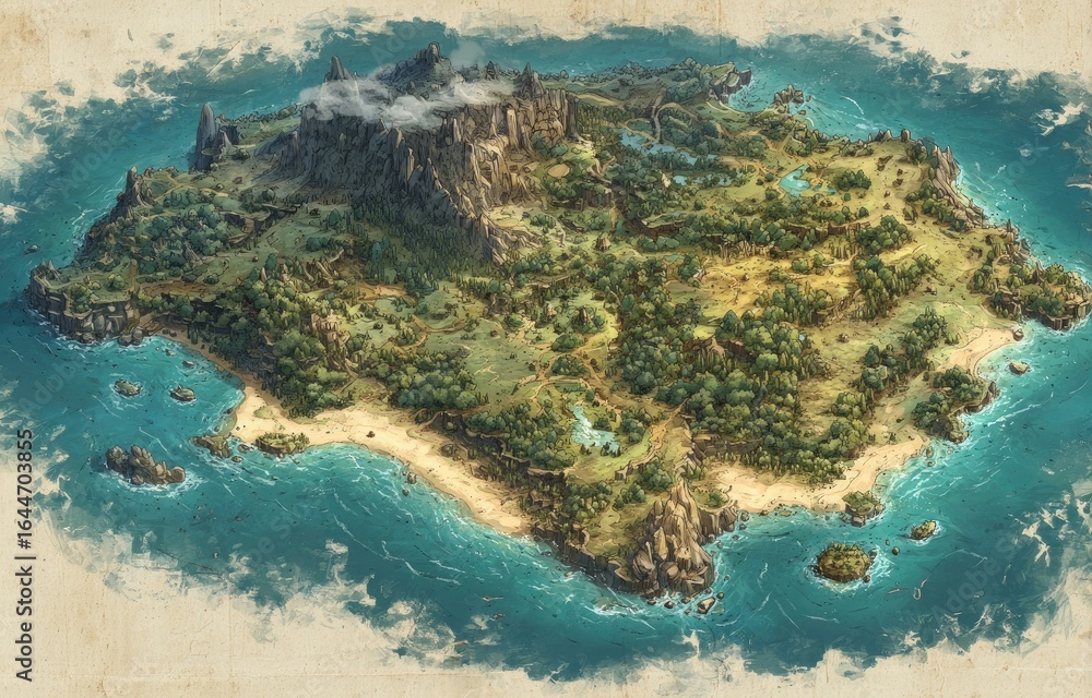 Detailed map of a lush island. Coastal terrain with varied landforms ...