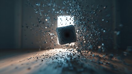 Canvas Print - abstract scene of a cube exploding into fragments, representing destruction, impact, and dynamic ene