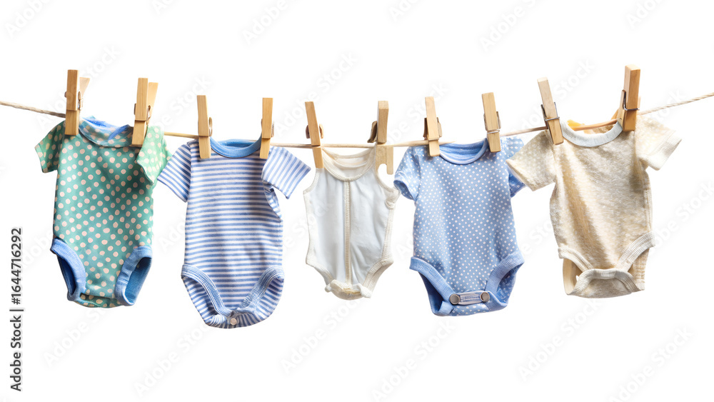 Baby Clothes Hanging on Rope with Small Clothespins Isolated on White ...