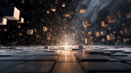 Wall Mural - abstract cube background with light and particles, creating a sense of motion and energy, perfect fo