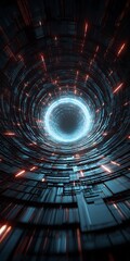 Wall Mural - futuristic tunnel with glowing portal and abstract digital technology design for scifi background wi