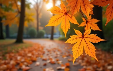 orange fall  leaves in park, autumn natural background. High quality