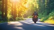 © TesLaTH - A dynamic scene of a motorcyclist navigating a curvy forest road with sunlight filtering through the trees, creating a cinematic effect.