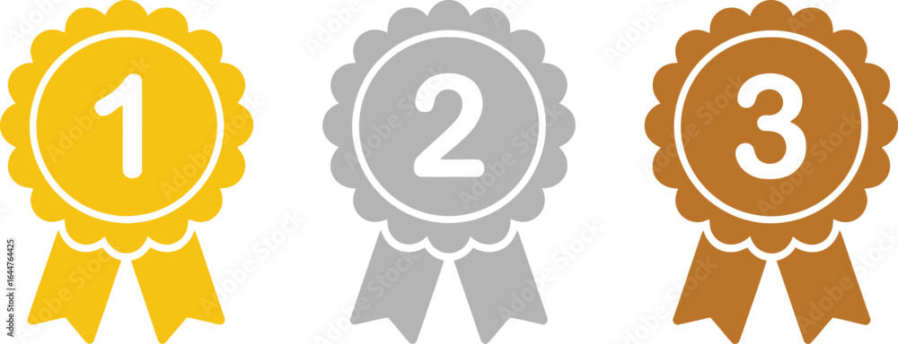 award ribbons for first, second, and third place in yellow, silver, and ...