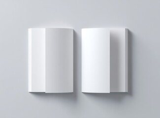 two blank books open, side-by-side on a light gray surface