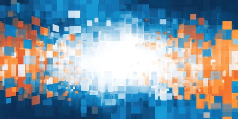 Abstract background of vibrant squares in shades of blue, orange, and white.  A dynamic array of pixelated blocks creates a sense of movement and energy, radiating outward from a central white area