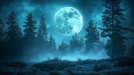 Wall Mural - a serene night landscape with a full moon glowing amidst tall trees. the mist adds a mystical ambian