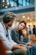 © Starlight - Afternoon in a hospital waiting area A social worker offers comfort to a worried family The mood is kind and reassuring, Generative AI