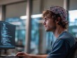 © dave - Young developer in blue shirt coding with brainwave headset, side view in modern office — tech innovation, futuristic work, neuroscience concept