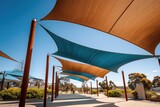 Sun-drenched walkway with modern, angled shade sails