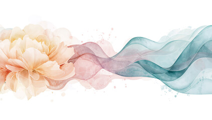 Wall Mural - elegant watercolor peony blossom and serene wave on isolated transparent backdrop