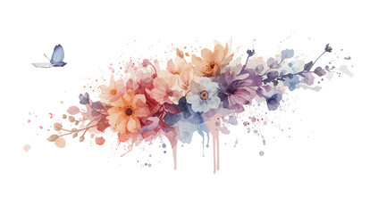 Wall Mural - watercolor floral explosion and soaring butterfly artwork with transparent presentation for