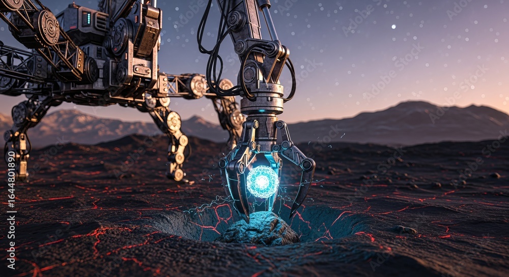 Foto Robotic arm extracting glowing energy source on a desolate planet ...