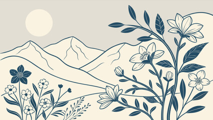 Floral landscape with mountains and sun in a minimalist style with dark blue outlines and light background