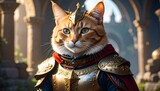 Regal ginger cat in ornate golden armor, serious expression, ancient stone archway background